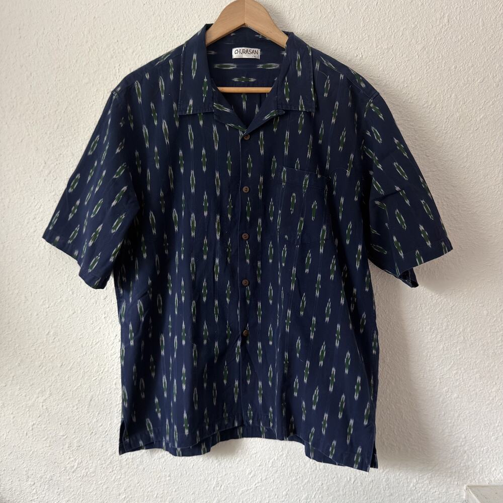 Size L Blue Men’s Cotton Ikat Southwest Stripe Shirt with Pocket and Side Vents